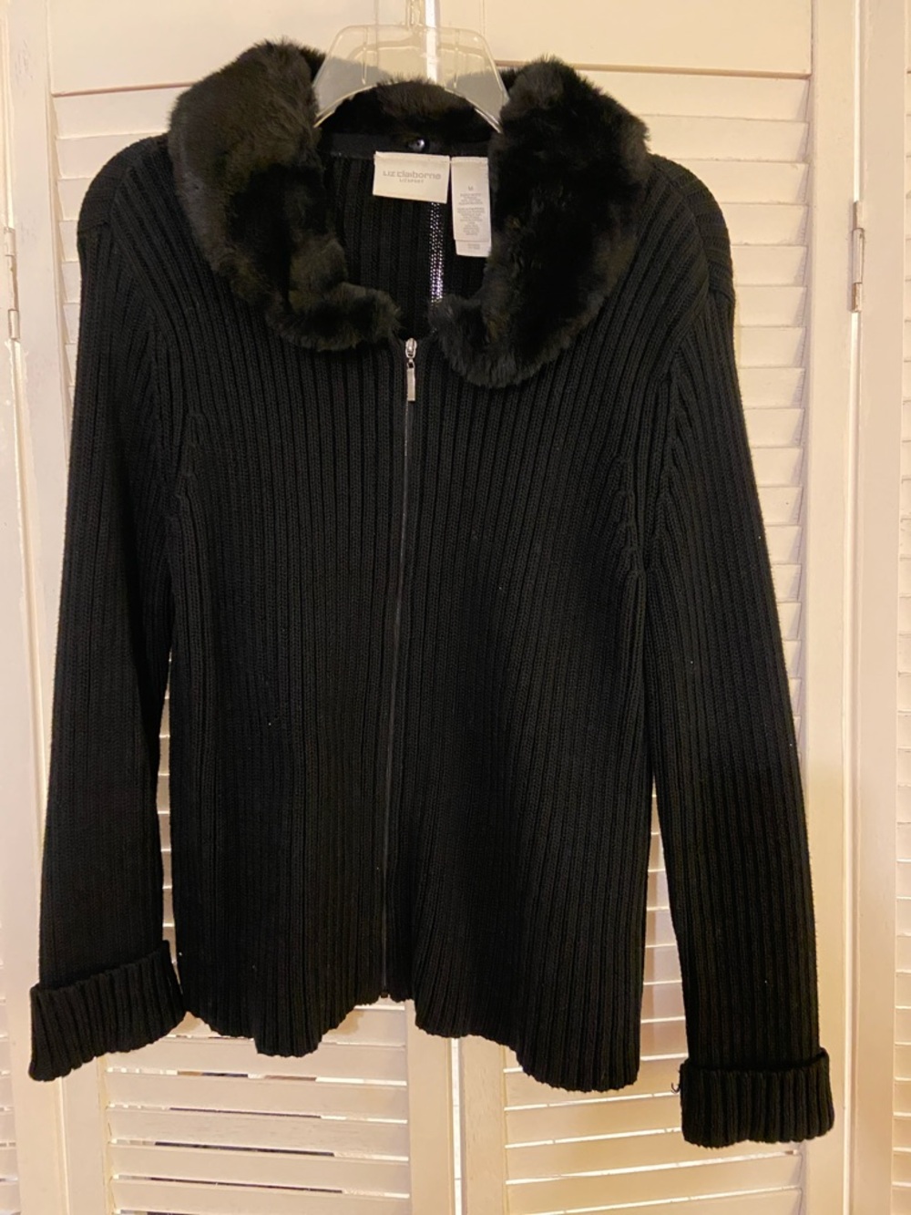 Liz Claiborne Black Ribbed Zip Cardigan with Faux Fur Collar